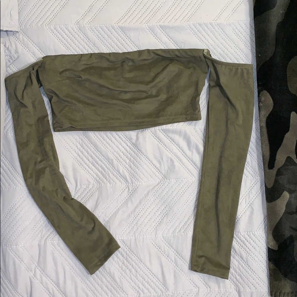 Suede off the shoulder crop top. Olive green.